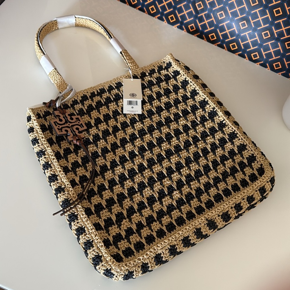NWT , Tory Burch  straw Black and  tan Tote bag / black raffia - Picture 6 of 12